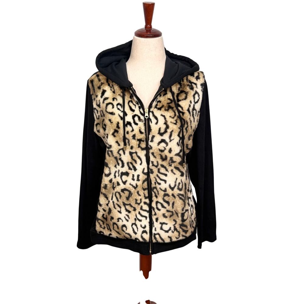 Chico's Zenergy plush animal print hoodie full zip faux fur front Sz 2 US L